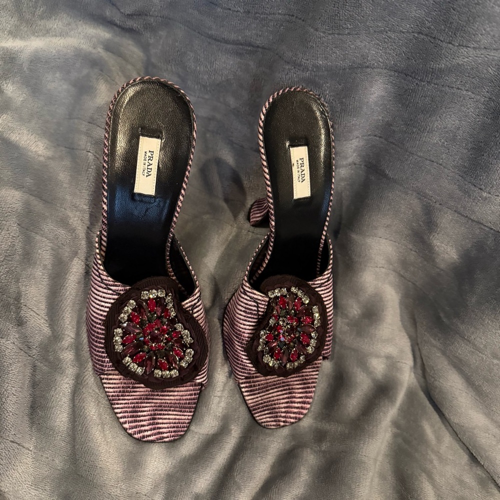 Vintage Prada Purple Striped Rhinestone Heels - Picture 2 of 5